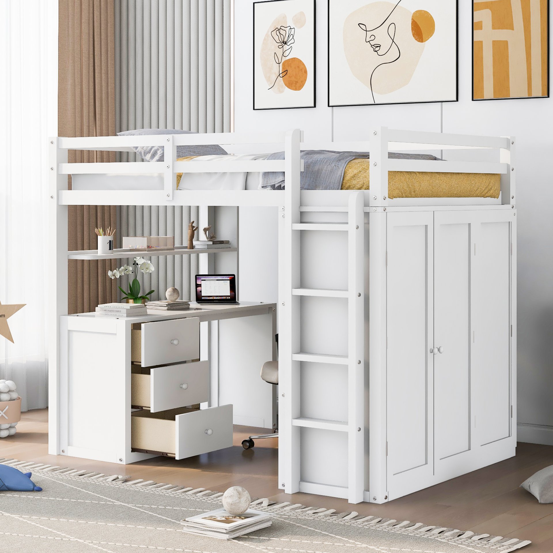 Full Size Loft Bed With Drawers, Desk, And Wardrobe - White - Image 2