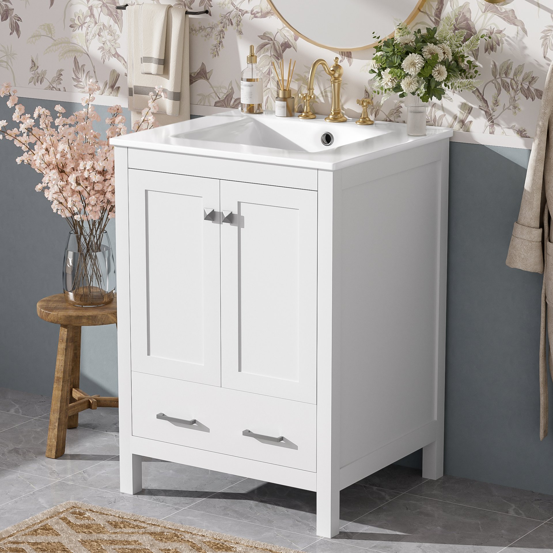24" Bathroom Vanity With Integrated Undermount Sink, Soft Close Doors, 2 Doors 1 Drawer Storage - White - Image 5