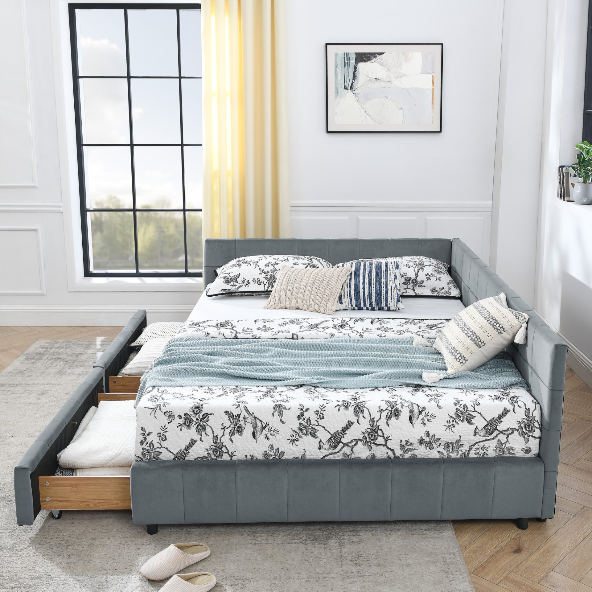 Mid Century Velvet Queen Size Upholstered Tufted Bed Frame With Storage - Gray - Image 8