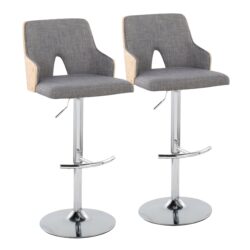 Stella - Contemporary Adjustable Barstool Stool With Swivel With Rounded T Footrest (Set of 2) - Chrome / Natural / Light Gray