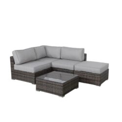 Wicker 3 Piece Seating Group With Plush Cushions, Sofa, Ottoman, And Glass Coffee Table - Brown