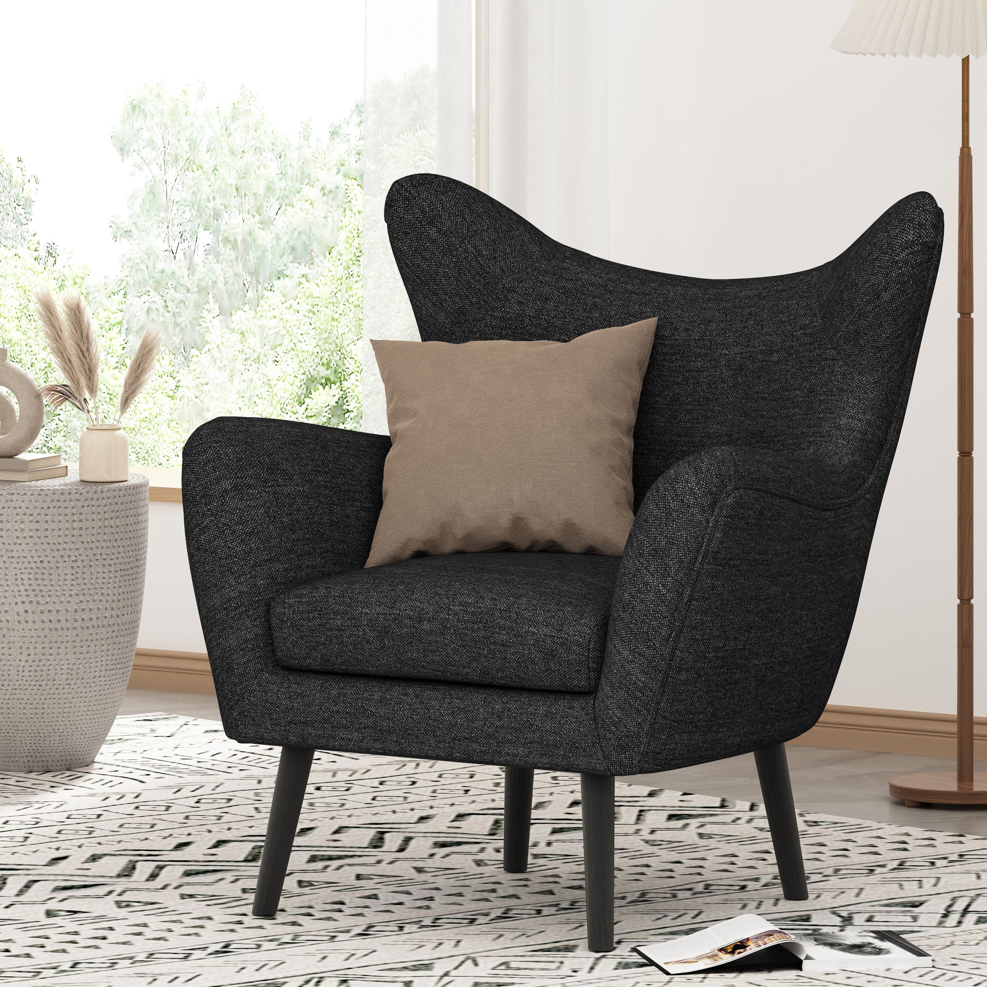 Modern Arm Chair With Wingback Design - Black / Oak Wood - Image 6
