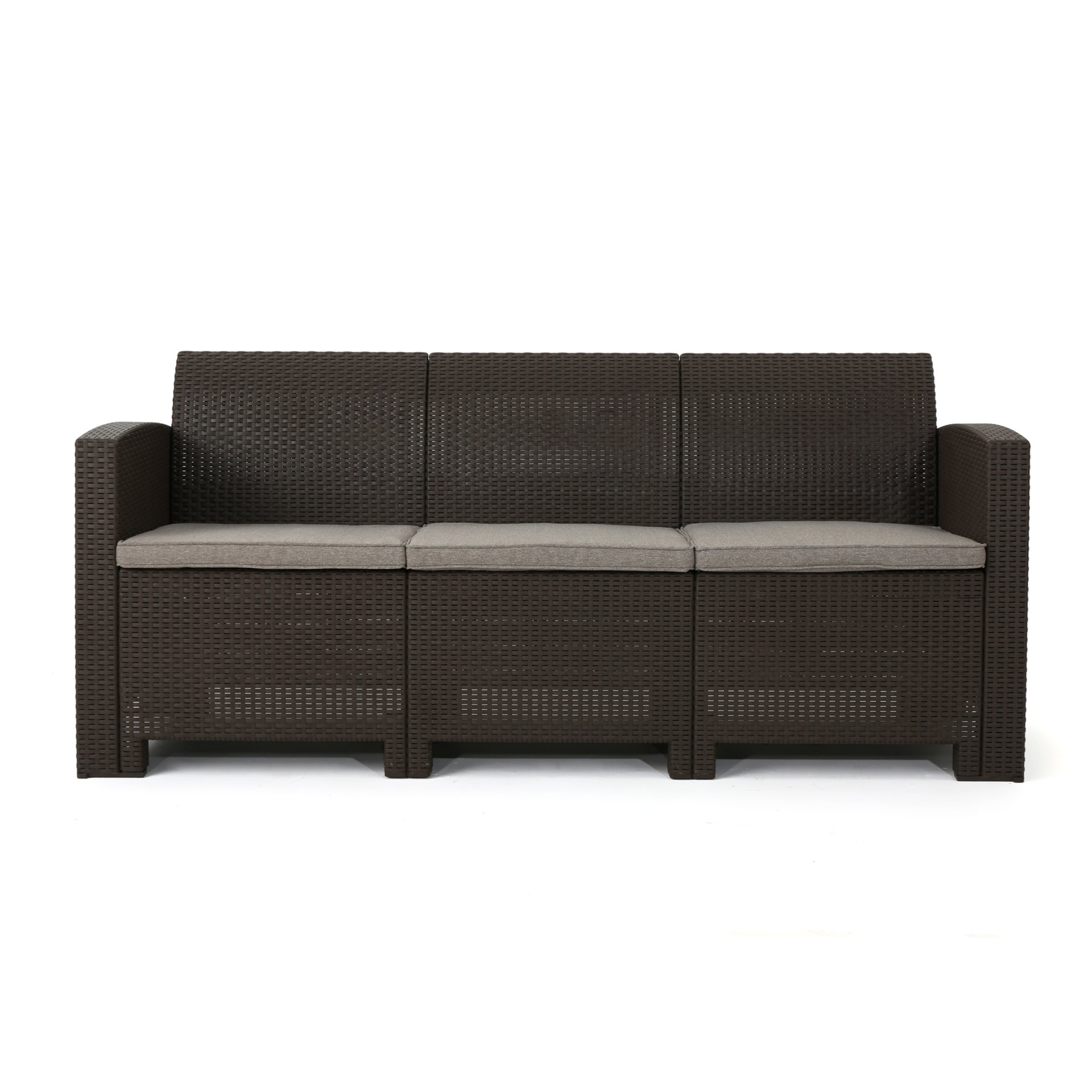 Outdoor 3 Seater Rattan Sofa With Water Resistant Cushions - Brown / Mix Beige - Image 4