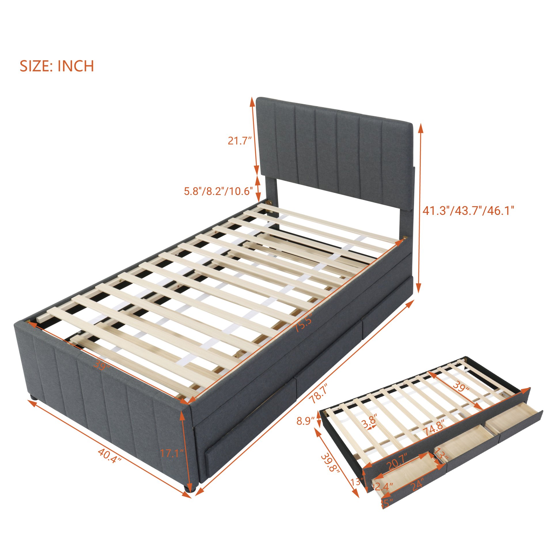 Twin Size Upholstered Platform Bed With Trundle And 3 Drawers - Gray - Image 14