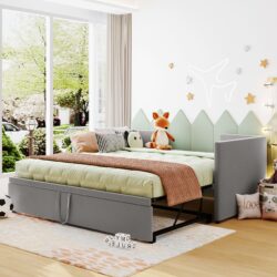 Twin Size Upholstered Daybed With Pop Up Trundle - Gray