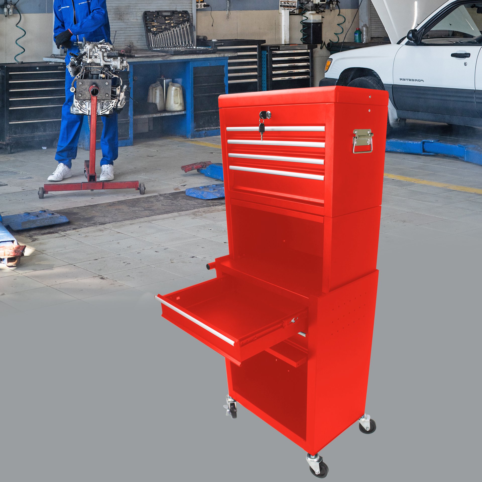 6 Drawer Lockable Tool Cabinet On Wheels Steel Rolling Tool Chest With Detachable Toolbox, 2 In 1 Garage Workshop Storage Organizer With 4 Universal Casters - Red - Image 15