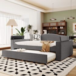 Full Size Upholstered Daybed With Storage Armrests, Trundle And Latest Integrated Bluetooth Audio System, Teddy Fleece - Gray