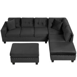 Modern Sectional Sofa With Storage Ottoman, L - Shape Couch With 2 Pillows And Cup Holders - Black