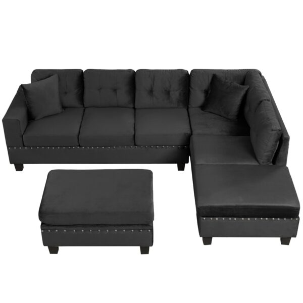 Modern Sectional Sofa With Storage Ottoman, L - Shape Couch With 2 Pillows And Cup Holders - Black