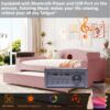 Full Size Upholstered Daybed With Storage Armrests, Trundle And Latest Integrated Bluetooth Audio System, Teddy Fleece - Pink - Image 13