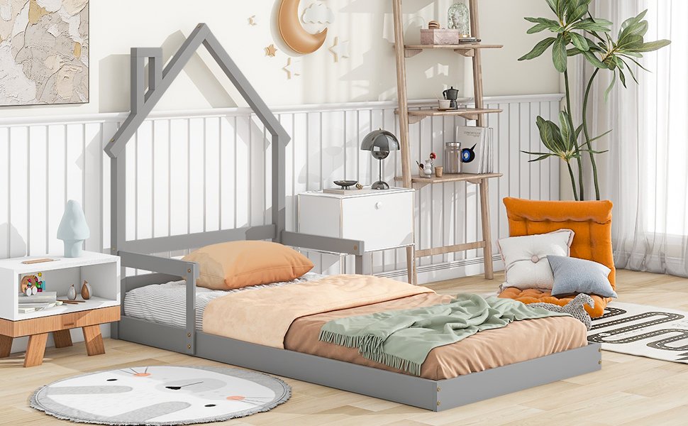 Twin House-Shaped Headboard Floor Bed With Handrails, Slats - Gray - Image 6