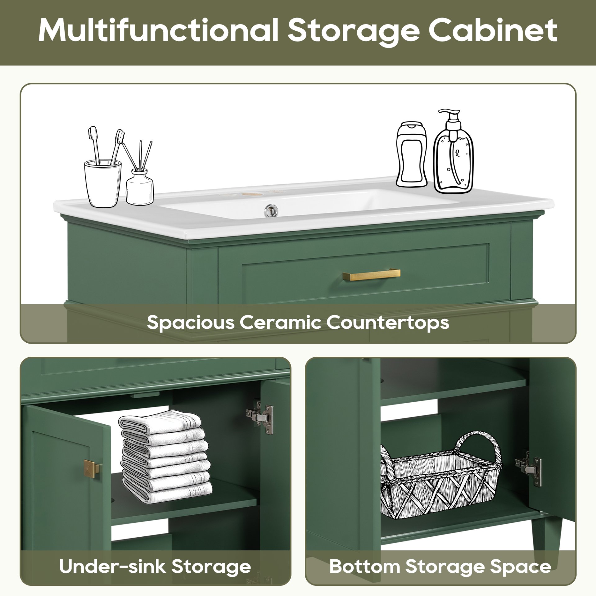 Bathroom Vanity With Ceramic Basin, Soft Close Door And Adjustable Shelves - Green - Image 10
