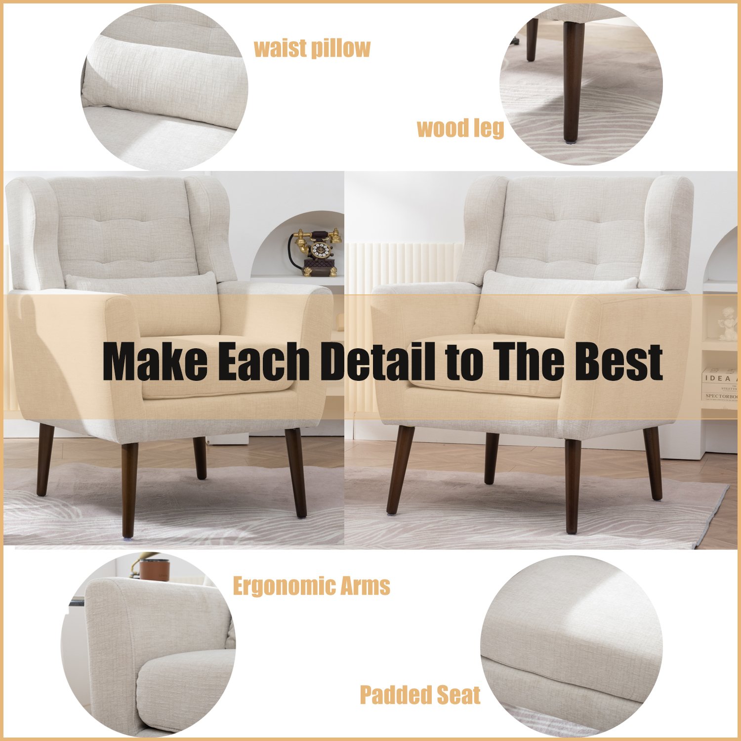 Modern Accent Chair Upholstered Foam Filled Living Room Chairs Comfy Reading Chair Mid-Century Modern Chair With Chenille Fabric Lounge Arm Chairs Armchair For Living Room Bedroom - Beige - Image 17
