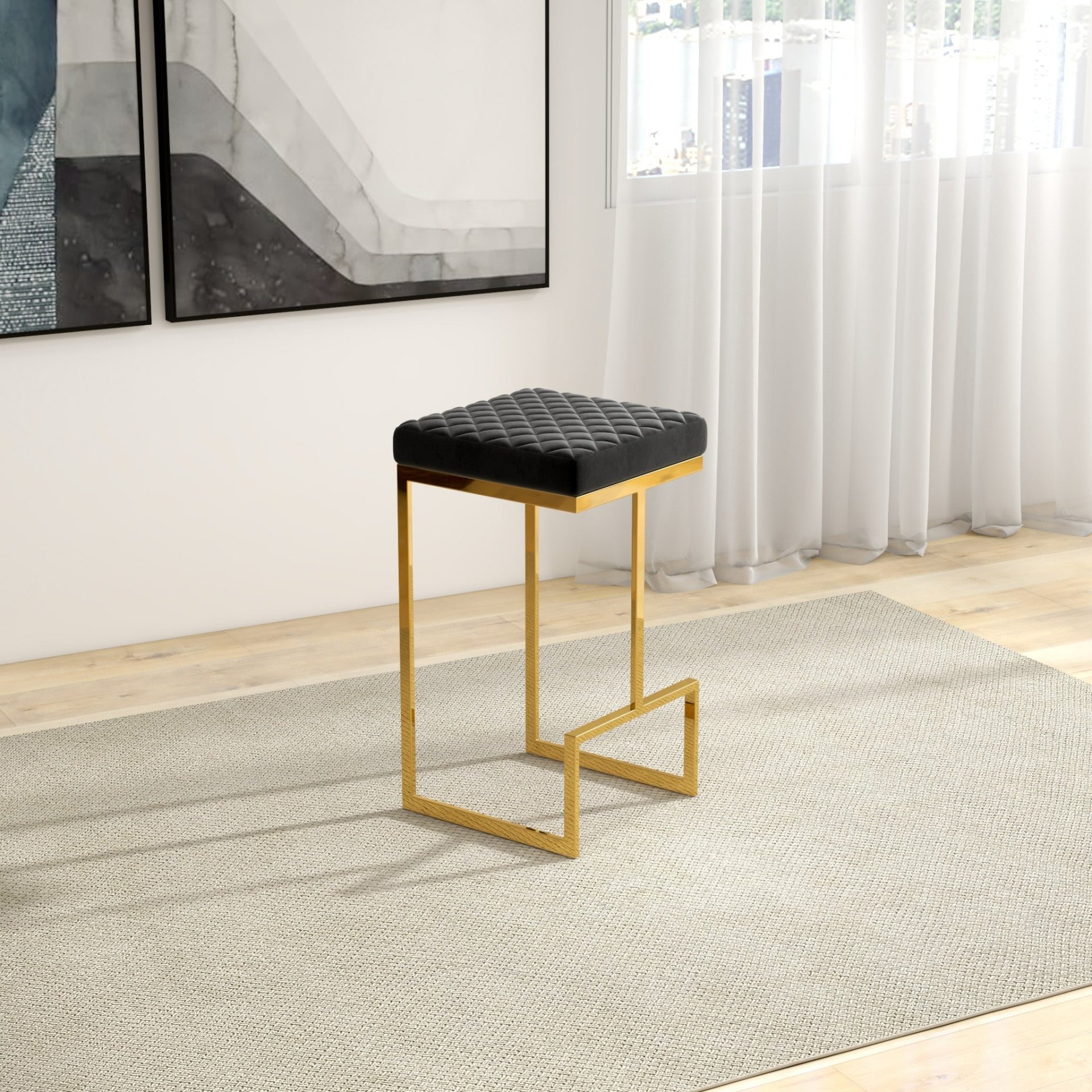 Joel - Mid-Century Modern Luxury Upholstered Stool - Black / Gold - Image 6