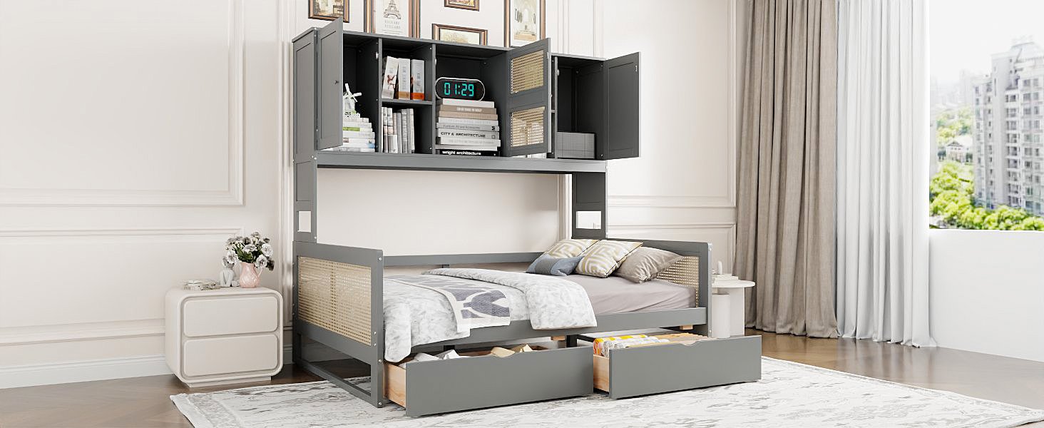 Full Size Wooden Daybed With 2 Drawers, And All In One Cabinet And Shelf - Gray - Image 18