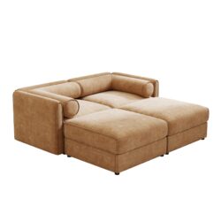 Stylish Chenille 2 Seater Sofa With Ottoman Storage And Cylindrical Backrest - Camel