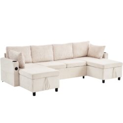 Sectional Sofa Pull Out Sofa Bed Versatile Sofa Sleeper With Large Storage Space, Two USB Ports And Two Cup Holders For Living Room - Beige