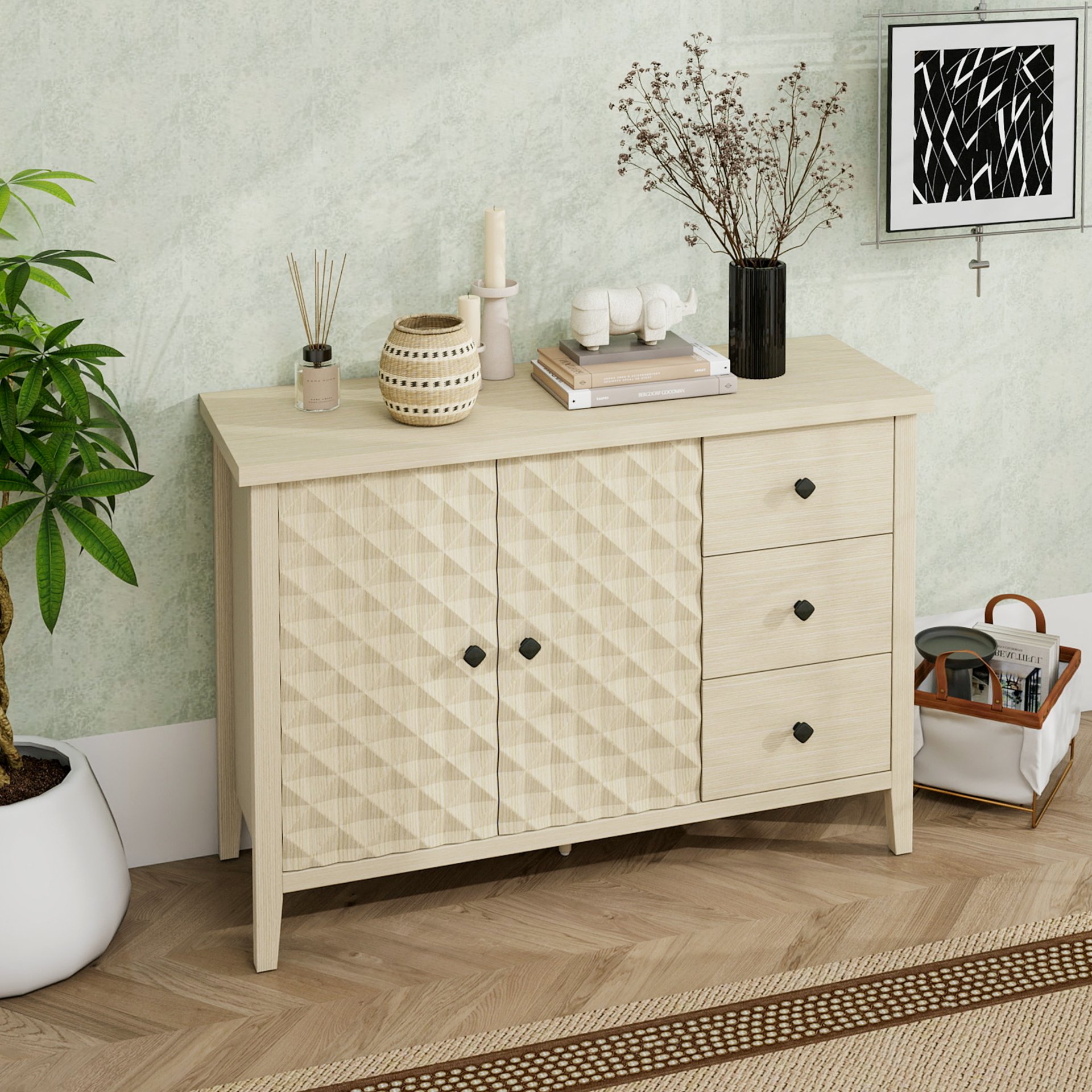 Modern 2 Door 3 Drawer Storage Cabinet, Buffet Cabinet With 2 Embossed Door For Living Room, Kitchen, Entryway - Natural - Image 2