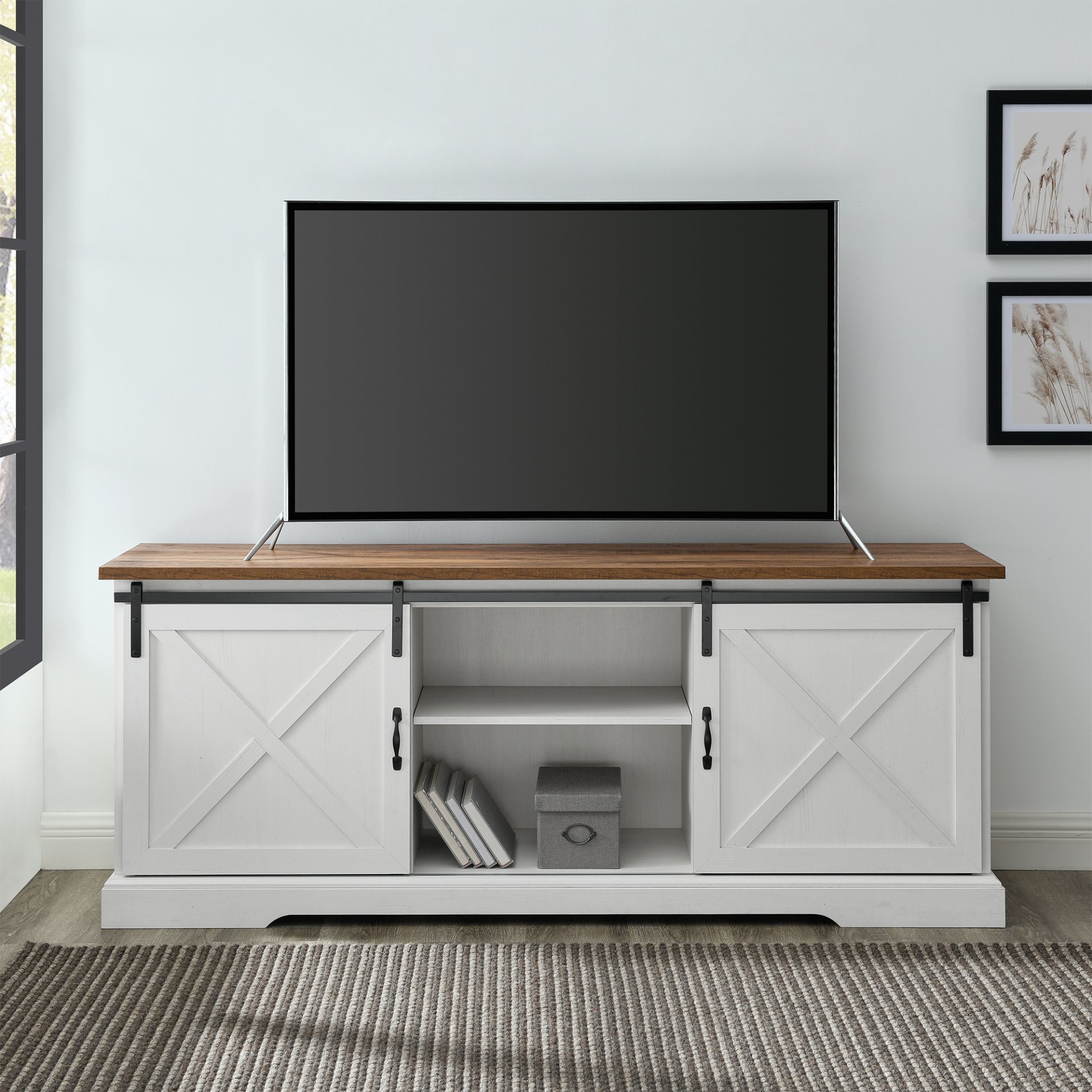 Farmhouse Sliding X Barn Door 70" TV Stand For 80" TVs - Rustic Oak / Brushed White - Image 3