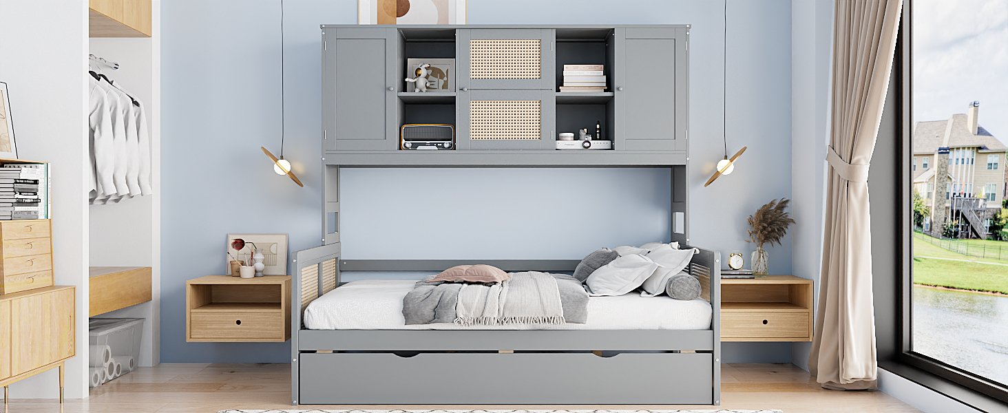Twin Size Wooden Daybed With Twin Size Trundle, And All In One Cabinet And Shelf - Gray - Image 5