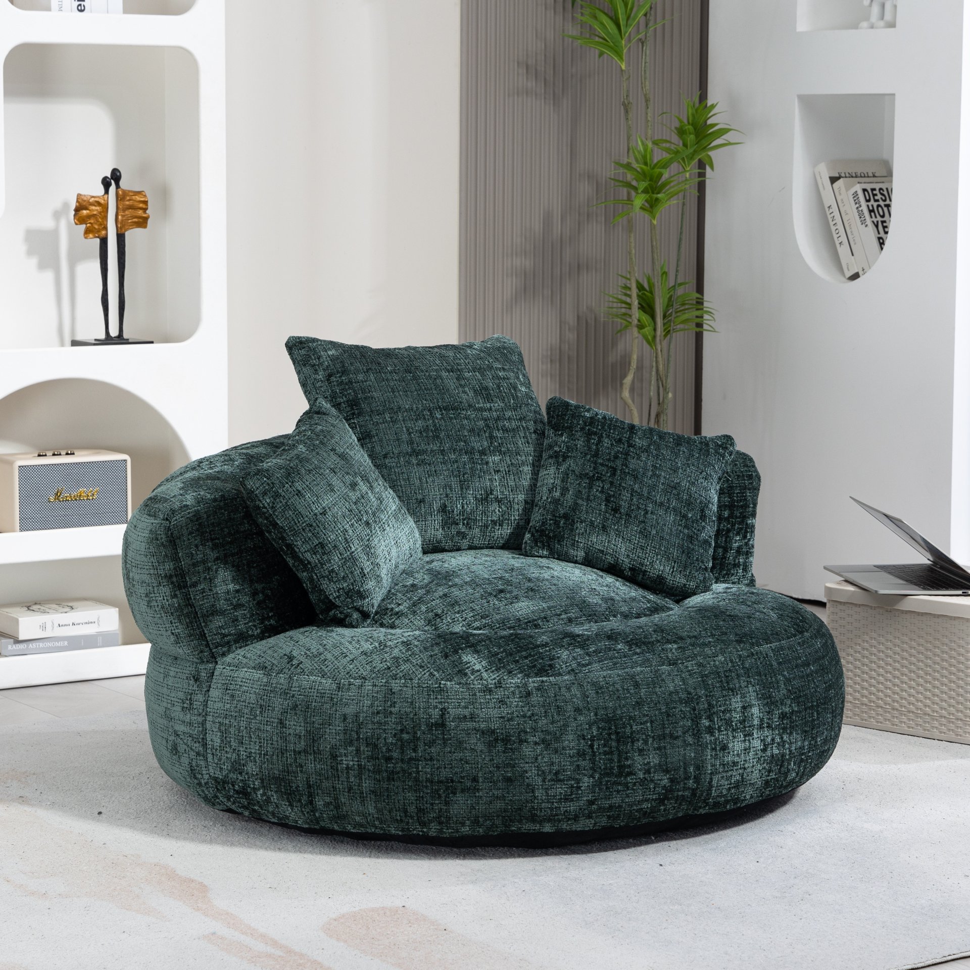 Chenille High Back Bean Bag Chair Couch With 3 Pillows, Indoor & Outdoor, Single Gaming Sofa For Bedroom - Emerald - Image 2
