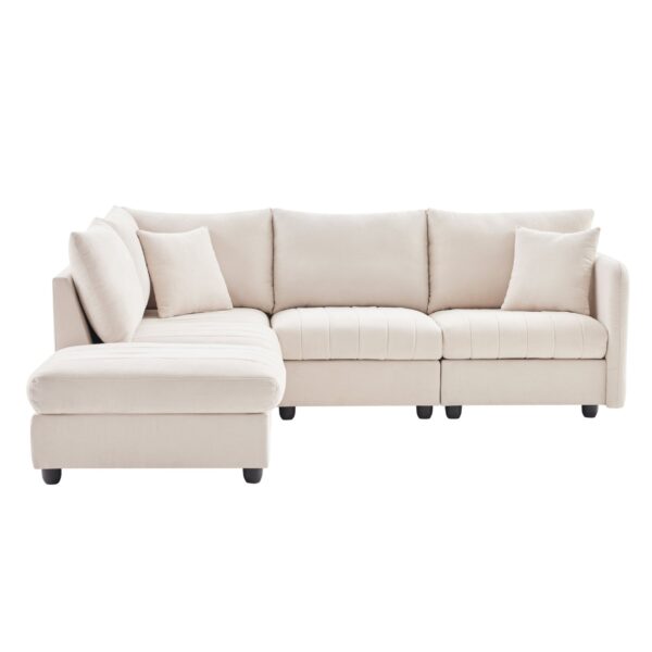 Modern Sectional Sofa With Vertical Stripes, 2 Pillows, 5 Seat Couch With Convertible Ottoman, Various Combinations, L-Shape Indoor Furniture - Beige