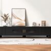 Modern TV Stand For TVs Up To 80", Entertainment Center With Glass Door, TV Storage Cabinet With Solid Wood Legs And Metal Handles For Living Room - Black - Image 5