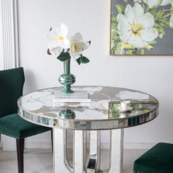 Round Dining Table With Elegant Floral Design And Mirrored - Silver Multi