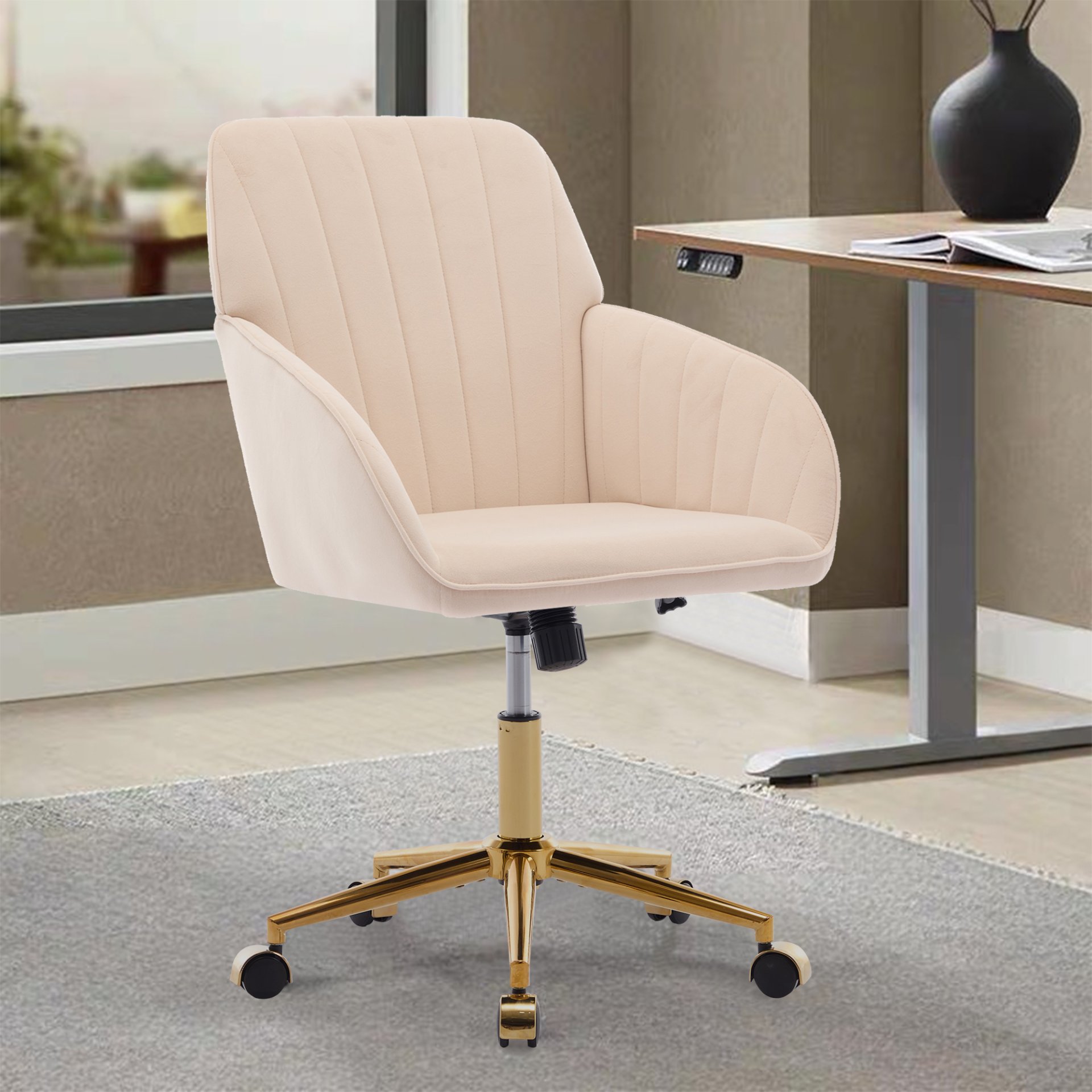 Ergonomic Office Chair With Swivel Function, Velvet, Comfortable For Long Sitting - Khaki - Image 4