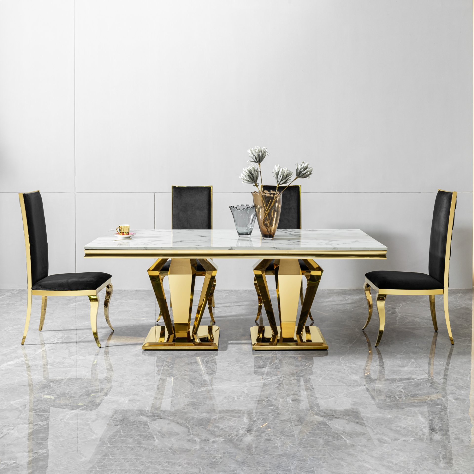 79.53 In. Elegant Marble Pattern Dining Table For 6 Or 8 Seats Polished Stainless Steel Base - Gold - Image 7
