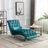 Velvet Chaise Lounge Indoor, Button Tufted Upholstered Chaise Lounge Chair With Pillow - Teal - Image 2
