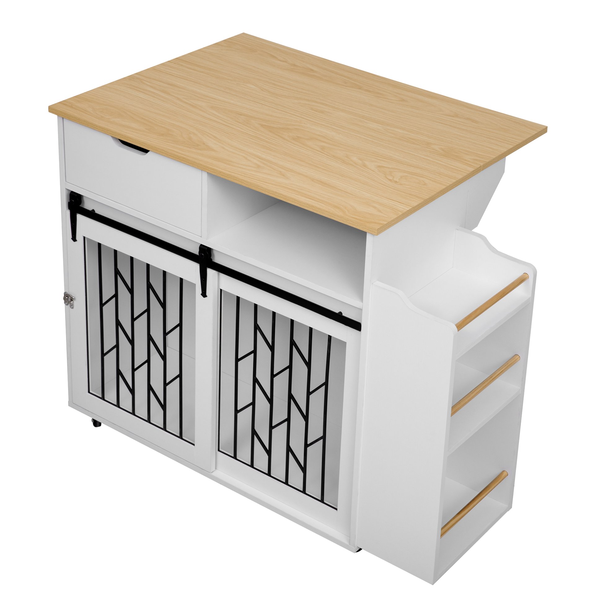 Modern Style 2 In 1 Pet Friendly Dog Crate Kitchen Island End Table Metal Pine - Natural / White - Image 9