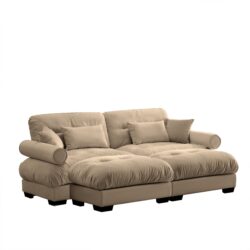 Modern 2 Seater Sofa With Ottoman And Round Bolster Armrests - Camel