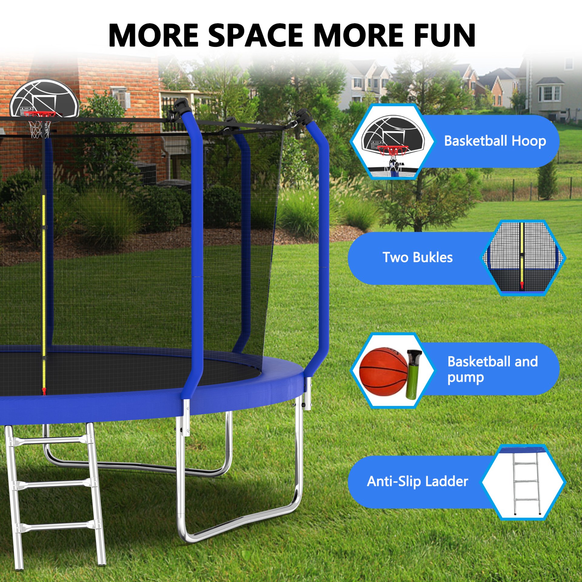 168.11" Trampoline With Basketball Hoop, Astm Approved Reinforced Type Outdoor Trampoline With Enclosure Net - Blue - Image 11