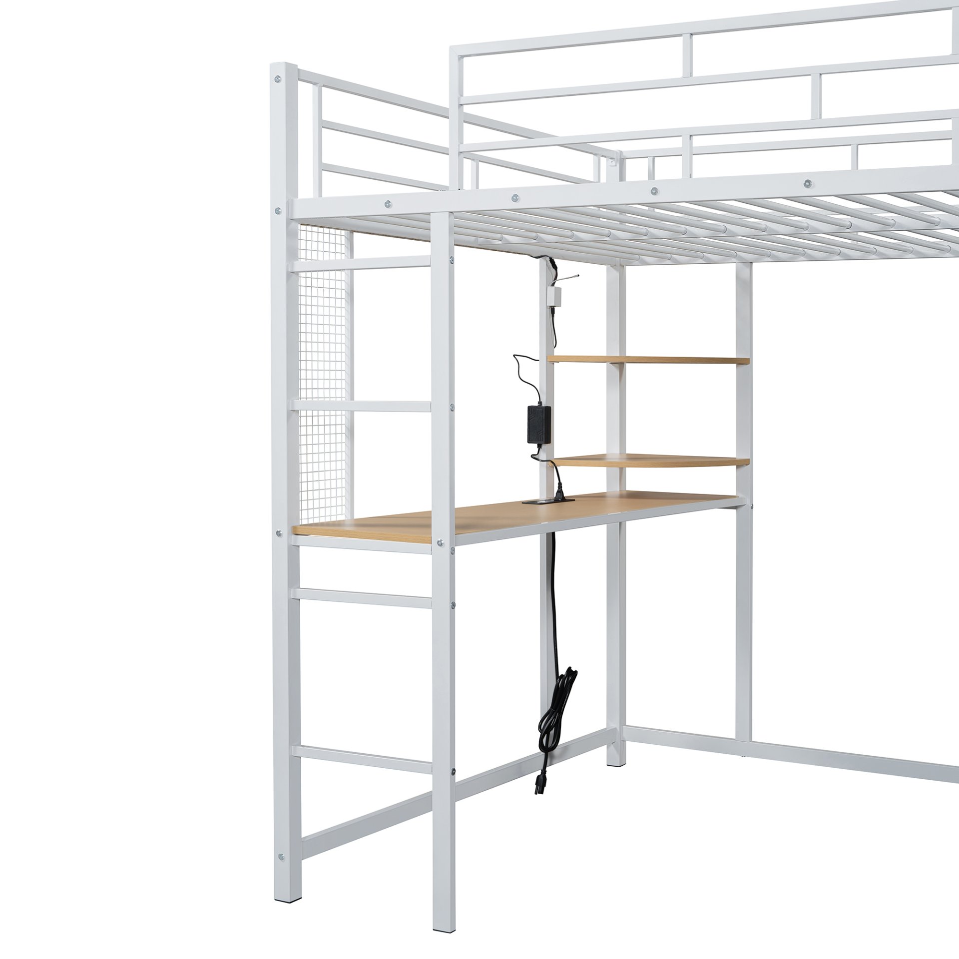 Full Size Loft Bed With Desk, Shelves, Power Outlet, LED Light And Wardrobe - White - Image 20
