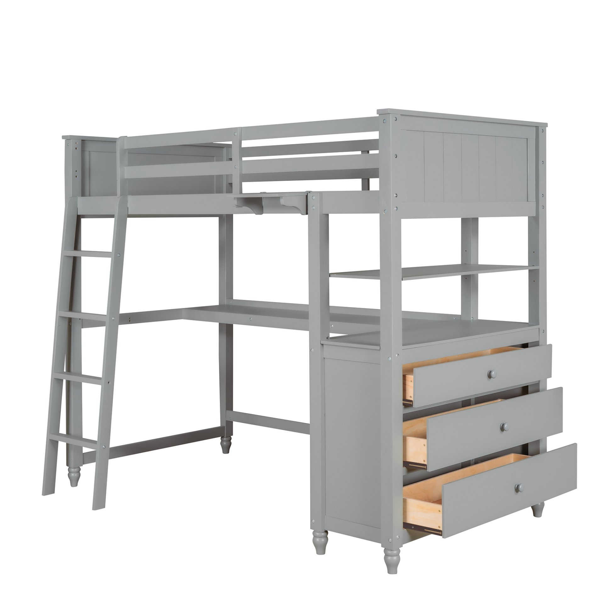 Twin Size Loft Bed With Drawers And Desk, With Shelves - Gray - Image 5