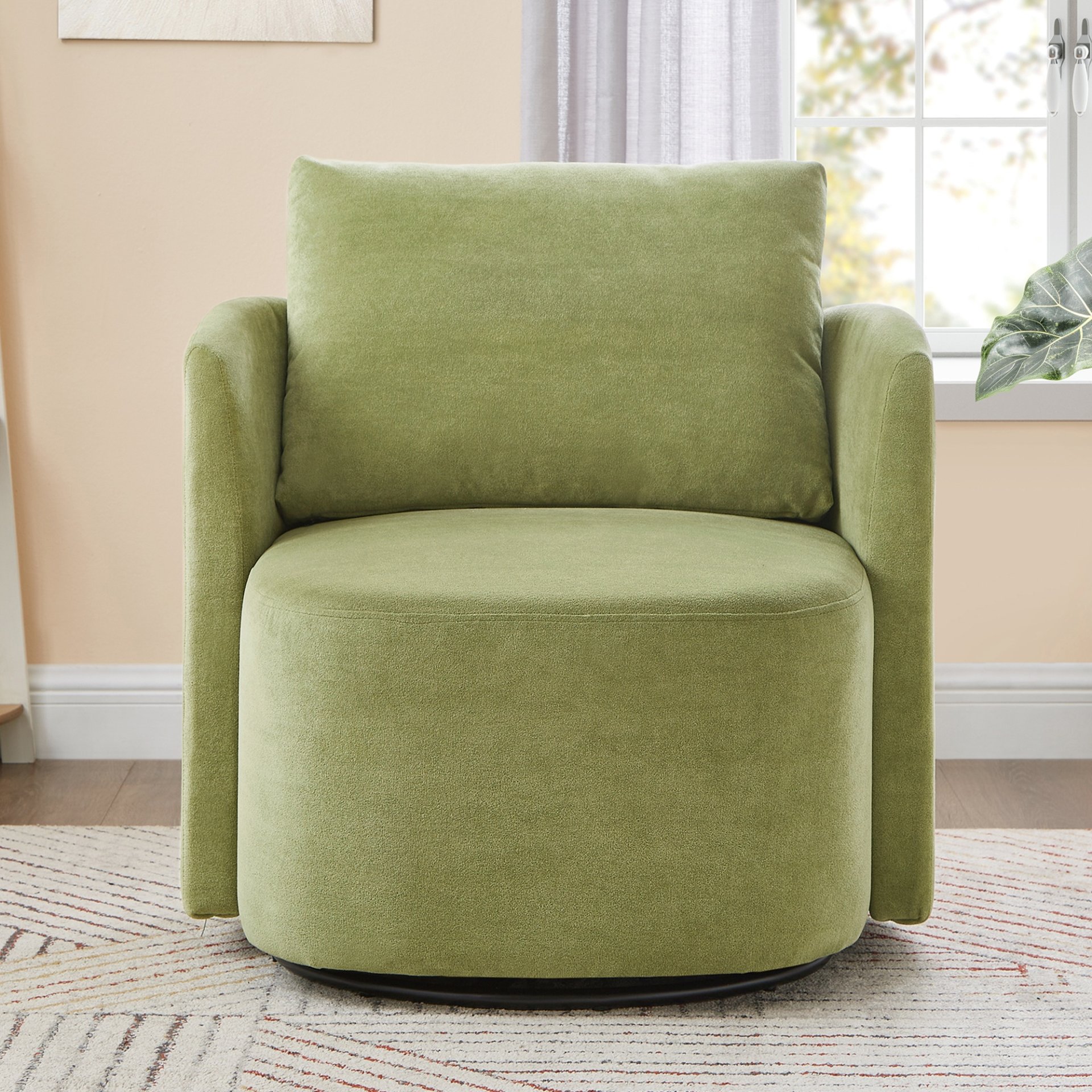 360° Swivel Chair, Accent Barrel Armchair, Upholstered With Curved Design - Green - Image 3