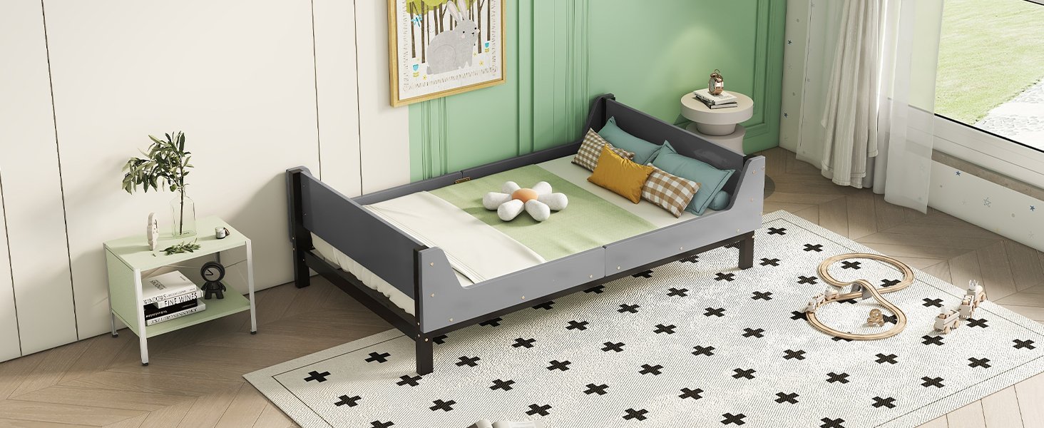 Twin Bed With Headboard, Footboard, Safeguards, Built-In Bed-End Book Storage Rack - Gray - Image 20