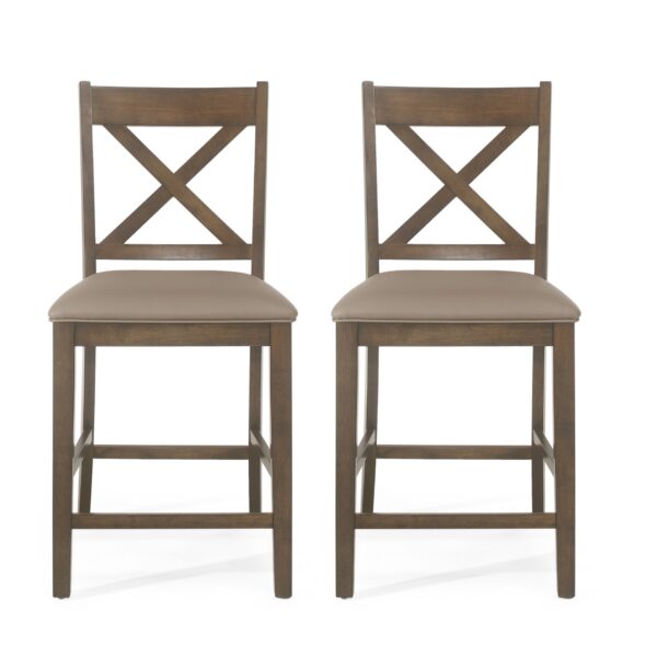 Farmhouse Style Upholstered Wood Counter Stools (Set of 2) With X Back Frame - Brown