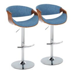 Curvo - Mid-Century Modern Adjustable Barstool With Swivel With Rounded T Footrest (Set of 2) - Chrome / Walnut / Blue