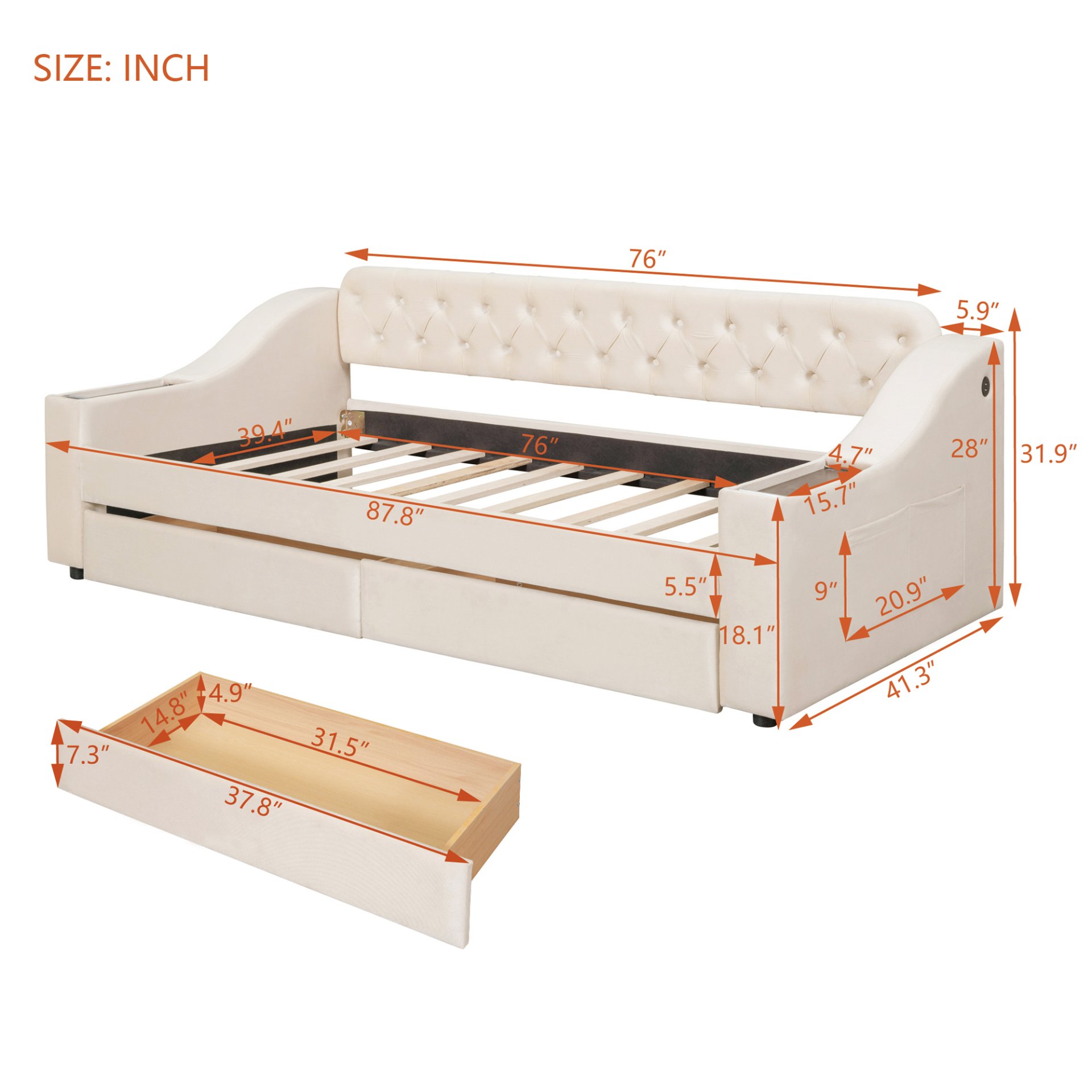 Twin Size Upholstered Daybed With Storage Armrests And USB Port - Beige - Image 8