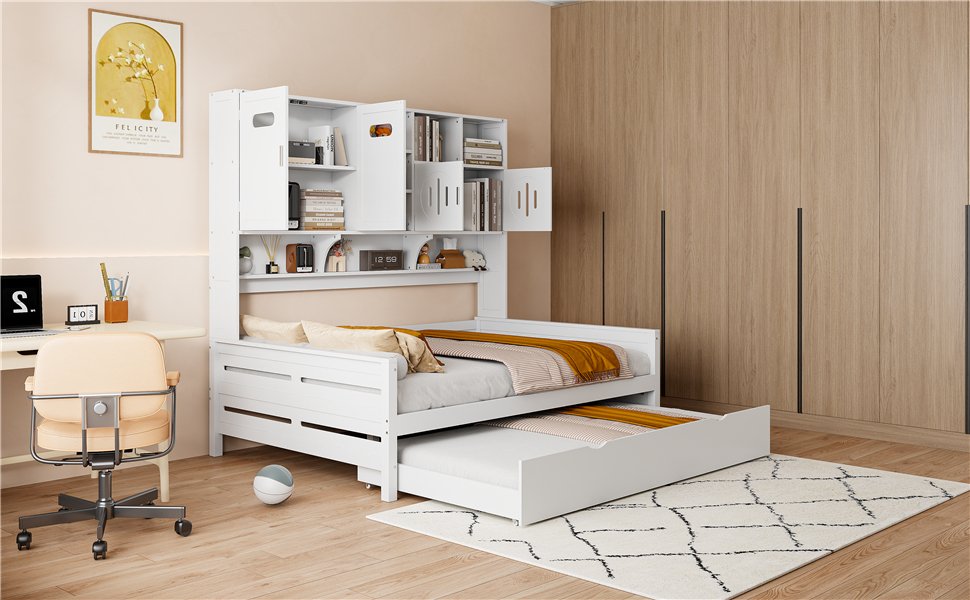 Full Size Wooden Daybed With Twin Size Trundle, And All In One Cabinet And Shelf - White - Image 16