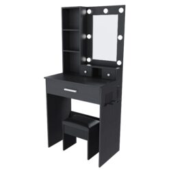 Vanity Table With Mirror, Adjustable LED Lights, Power Outlet, Hairdryer Holder & Stool - Black