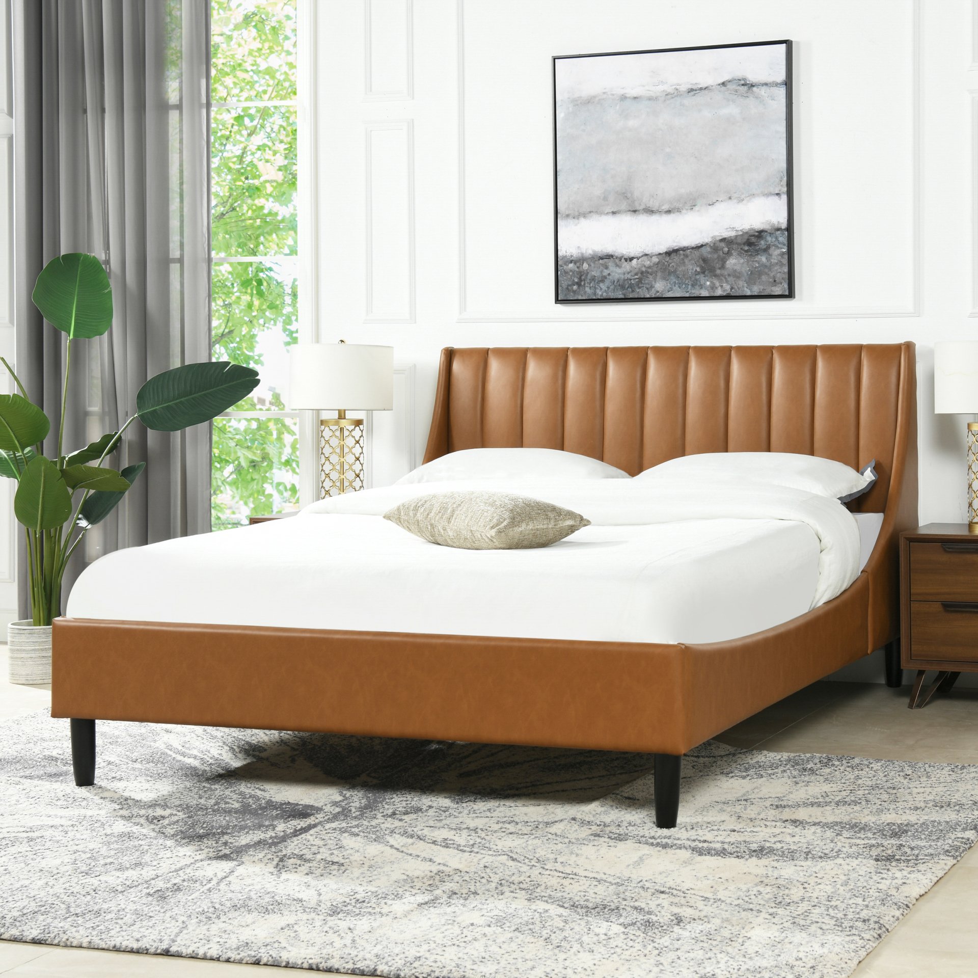 Aspen - Queen Vertical Tufted Modern Headboard Platform Bed Set - Caramel Tan Brown - Image 2