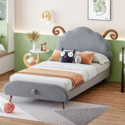 Twin Size Upholstered Platform Bed With Sheep Shaped Headboard - Gray