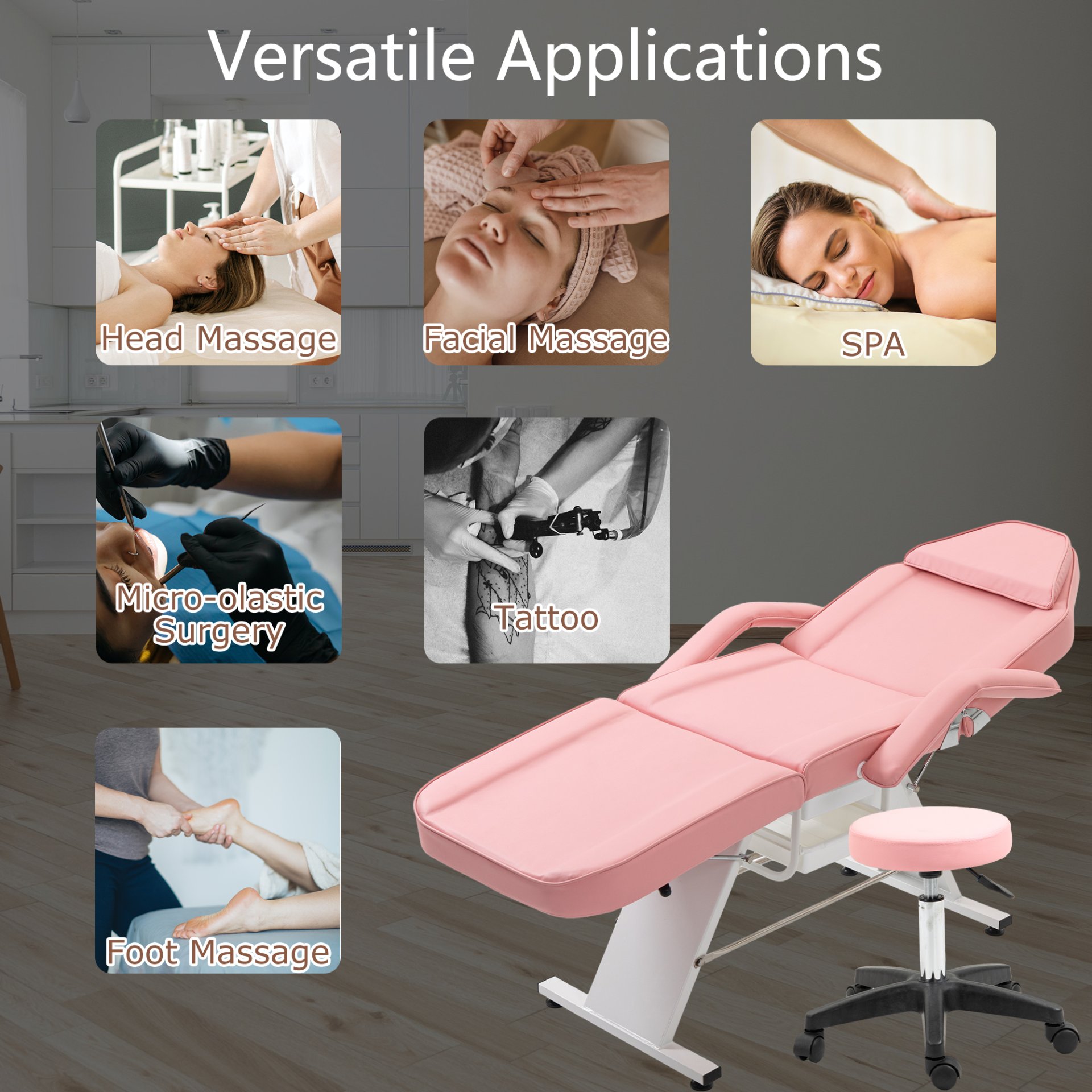Massage Salon Tattoo Chair With Two Trays Esthetician Bed With Hydraulic Stool, Multi-Purpose 3-Section Facial Bed Table, Adjustable Beauty Barber Spa Beauty Equipment - Pink - Image 6