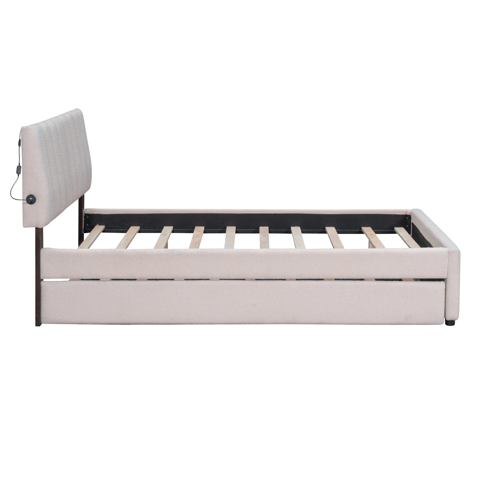 Full Size Upholstered Platform Bed With Twin Size Trundle - Beige - Image 4