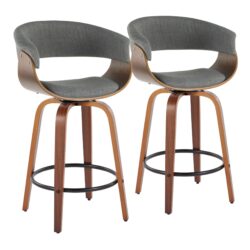 Vintage Mod - Mid-Century Modern Fixed Height Counter Stool With Swivel And Round Footrest (Set of 2) - Walnut / Light Gray