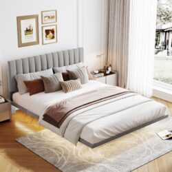 Queen Size Upholstered Bed With Sensor Light And Headboard, Floating Platform Bed - Gray