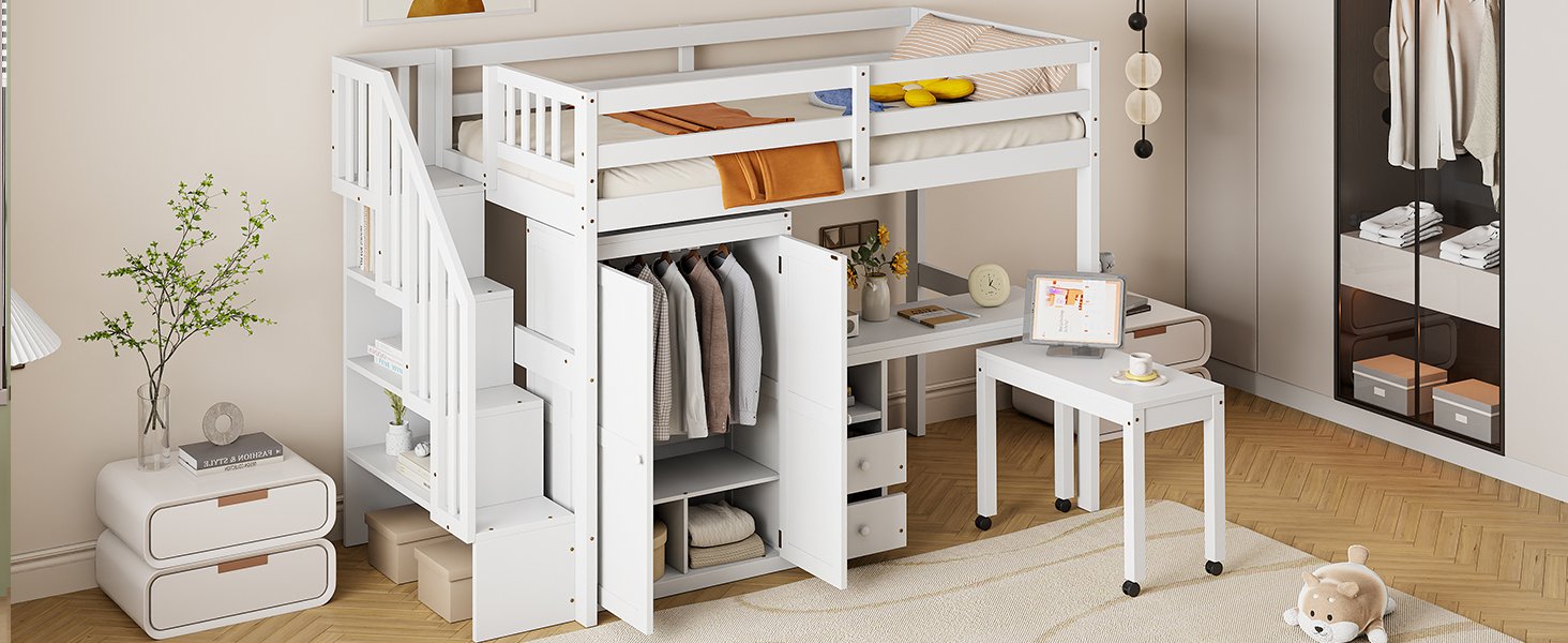 Twin Size Loft Bed With Stairs, Bookshelf, Drawers, Desk & Wardrobe, Space Saving Multifunctional Furniture - White - Image 22